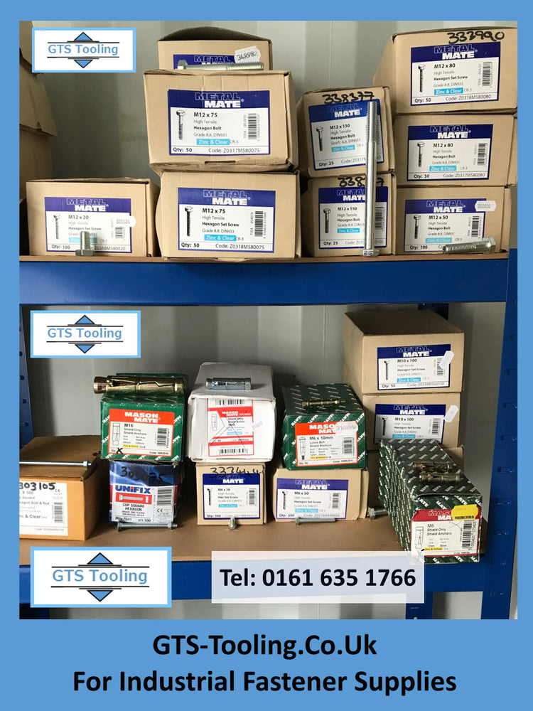 stock of various fixings and fasteners at GTS Tooling & Equipment. Oldham, Greater Manchester.