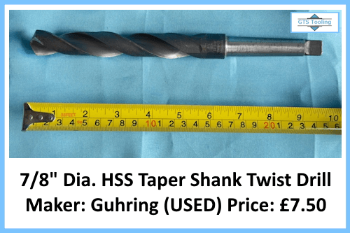 HSS twist drill 22.22 mm in diameter showing the full length with the use of a tape measure