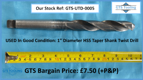 Image of a 1 inch diameter HSS Taper Shank Twist Drill. Shows the full working length of the twist drill of approximately 10 inches in length, with the use of a tape measure in the picture.