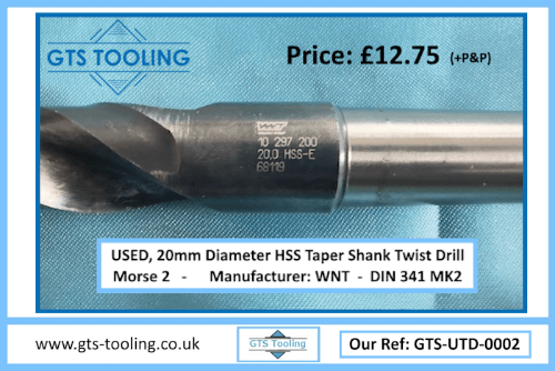 image of 20mm diameter twist drill, showing close up of the full drill type specification