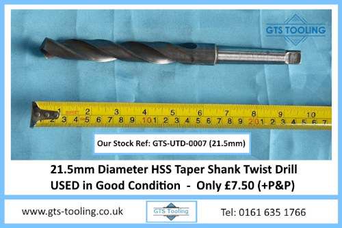 21.5mm diameter HSS twist drill showing its full length and condition with use of a tape measure