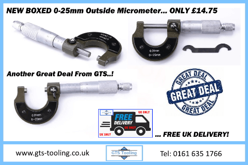 An image of a NEW, Boxed, Metric Engineers Outside Micrometer, Size 0-25mm. This new product from GTS Tooling is priced at £14.75 with FREE delivery throughout the UK only. Grab a great deal today.