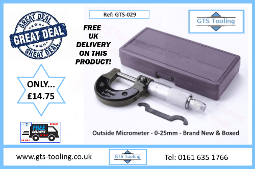 Image of a boxed outside micrometer, o to 25mm capacity, brand new with free delivery within the UK for £14.75