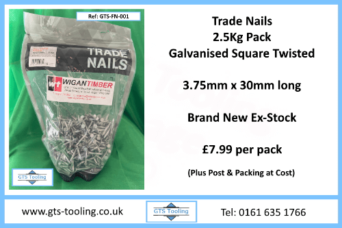 a 2.5 kilogram plastic pack of Galvanized Square Twisted Nails. Size 3.75mm by 30mm long. Bargain price of £7.99 plus post and packing, direct from GTS Tooling.