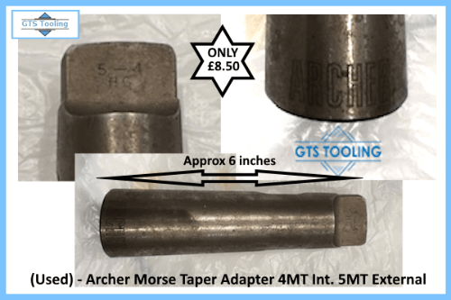 3 image views of the Morse taper adapter in various positions. Information of the adaptor showing the approximate full length and the bargain price of £8.50 from GTS Tooling.