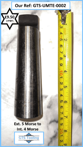 photo of a reducing morse taper drilling sleeve, 5MT to 4MT showing the full length with a tape measure in the GTS Tooling photo.
