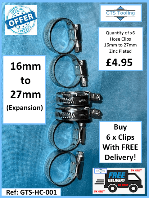 Hose Clamps showing a quantity of six pieces and free delivery price at £4.95