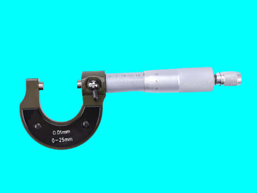 A new, 0 to 25mm, Metric micrometer showcased on a blue background.