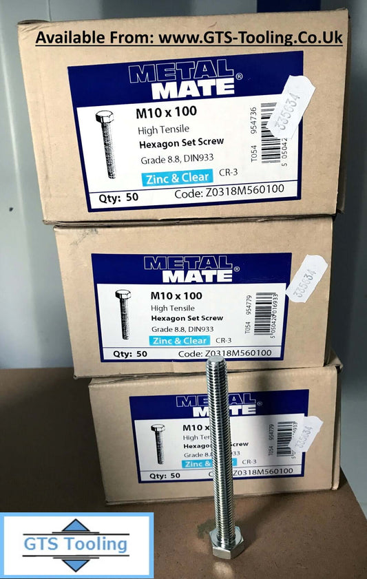 M10x100mm, Hexagon Head, SET SCREW, High Tensile Steel, Grade 8.8, DIN 933, Zinc & Clear CR-3