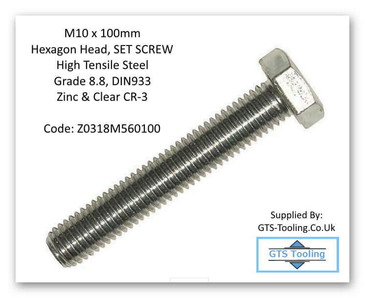 M10x100mm, Hexagon Head, SET SCREW, High Tensile Steel, Grade 8.8, DIN 933, Zinc & Clear CR-3