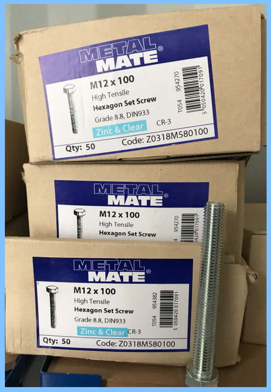 M12x100mm Hexagon Head, SET SCREW, High Tensile Steel, Grade 8.8, DIN933, Zinc & Clear CR-3