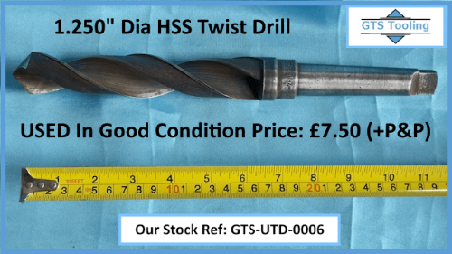 image of 1.25 inch diameter HSS twist drill showing the condition, full length and price of only £7.50 