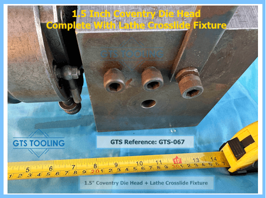 1.5 inch Coventry Die head showing measurement details of the heavy duty Mild Steel cross slide fixture with a tape measure