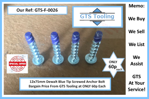 Image of 4,  12x75mm Dewalt Blue Tip Screwed Anchor Bolts. Brand New Surplus ex-stock purchase by GTS Tooling & Equipment. Selling at the bargain price of only 60pence each. 