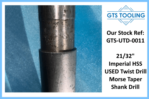 21/32" Diameter HSS Morse Taper Shank Twist Drill - Showing the HSS stamped close up view of the drill shank