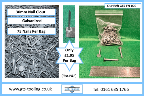 Image of a single clear bag of 30mm long galvanized nail clouts. priced at £1.95 per bag of 75 pieces from GTS Tooling. Ideal for small DIY projects.