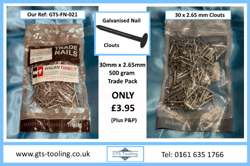 GTS Tooling, panel description and image of 30mm x 2.65 mm sized galvanized nail clouts for various DIY work.