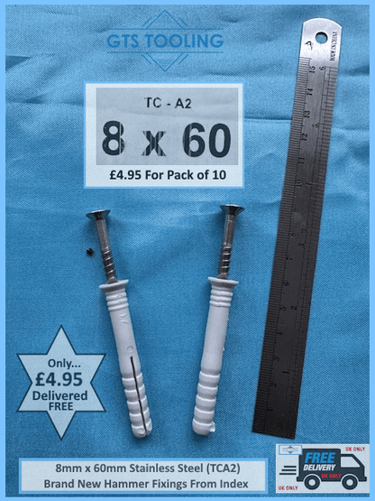 pack quantity of 10x 8x60mm A2 Hammer Screw Fixings Priced at £4.95 with free uk delivery' image shows 2 fixings with steel rule measure