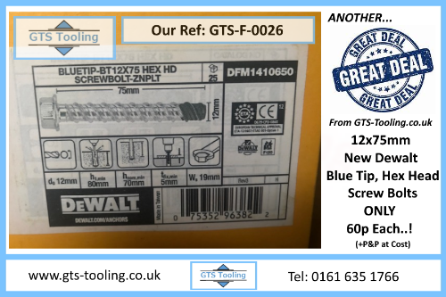 12x75mm, Dewalt Blue Tip, Hexagon Head, Concrete ANCHOR BOLT, NEW - (Our Ref: GTS-F-0026)