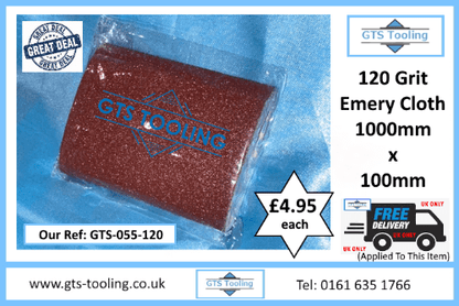 Emery Cloth Roll 1 metre long by 100mm wide. Course grit of 120 priced at £4.95 with free delivery from GTS Tooling.