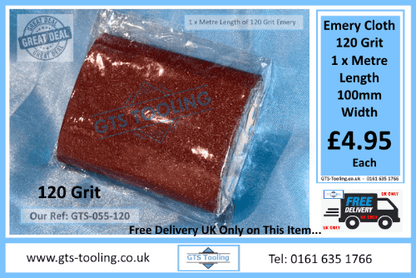 Roll of 1 metre long by 100mm wide emery cloth. Showing a course grit size of 120. Priced at £4.95 with free delivery from GTS Tooling