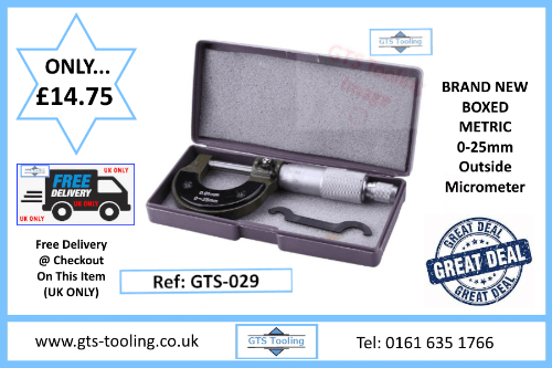 An image of a NEW, Boxed, Metric Engineers Outside Micrometer, Size 0-25mm. This new product from GTS Tooling is priced at £14.75 with FREE delivery throughout the UK only. Grab  a great deal today. 