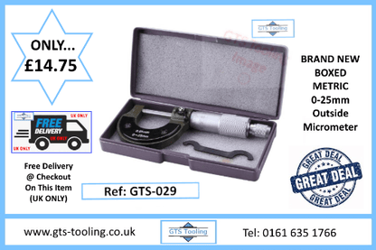 An image of a NEW, Boxed, Metric Engineers Outside Micrometer, Size 0-25mm. This new product from GTS Tooling is priced at £14.75 with FREE delivery throughout the UK only. Grab  a great deal today. 