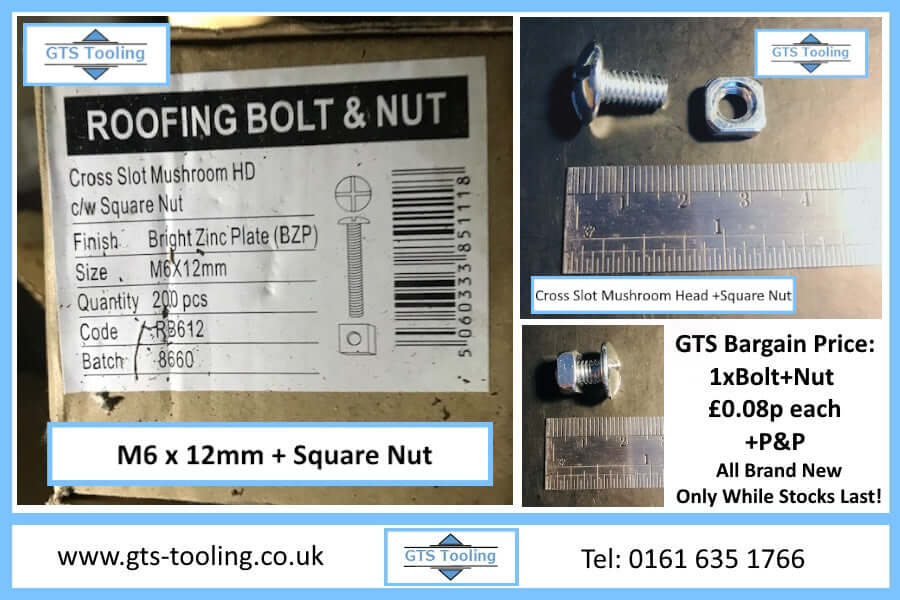 Image of Roofing Bolt and  Square Nut. Size of 6mm diameter by 12mm long. Priced at only 8 pence each.  Plus Postage and packing at cost, 