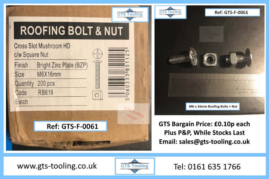 Image of Box of  200x Cross Slot Mushroom Head Screws. Size M6x16mm. Complete with Square Nut.