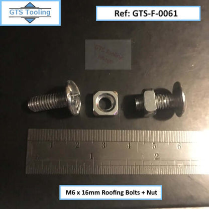 Close-up Image of 2x Cross Slot Mushroom Head Screws. Size M6x16mm. Complete with Square Nut showing the actual length of screw alongside a steel rule measure.