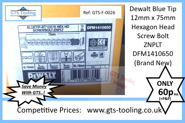 12x75mm, Dewalt Blue Tip, Hexagon Head, Concrete ANCHOR BOLT, NEW - (Our Ref: GTS-F-0026)