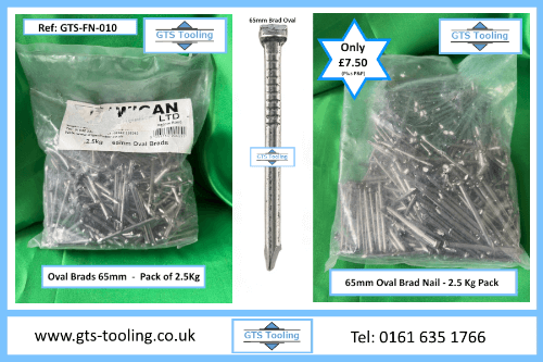 an image of oval brad nails, 65mm in length, showing a bag full weighing 2.5kg, priced at the bargain price of £7.50 per bag. another great online deal from GTS Tooling & Equipment. Use GTS reference: GTS-FN-010.