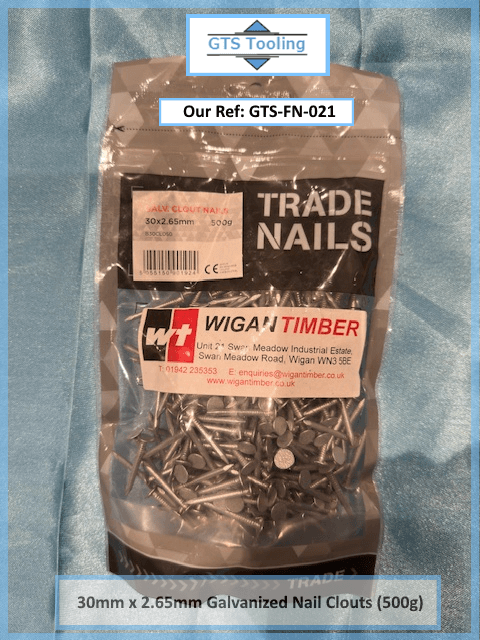 2.65x30mm, Galvanized Nail Clouts, 500 Gram Pack for £3.95 per pack. (Our Ref: GTS-FN-021)