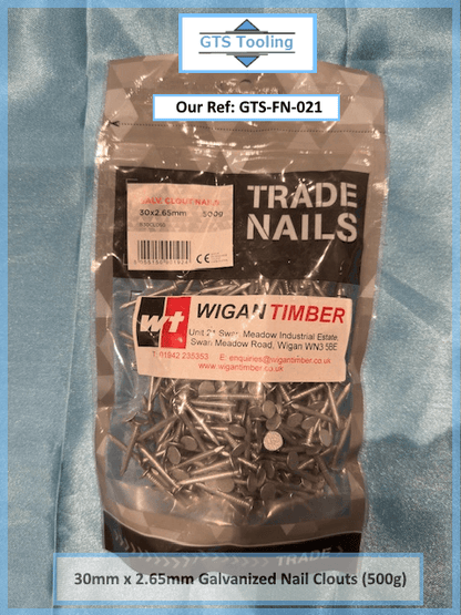 2.65x30mm, Galvanized Nail Clouts, 500 Gram Pack for £3.95 per pack. (Our Ref: GTS-FN-021)