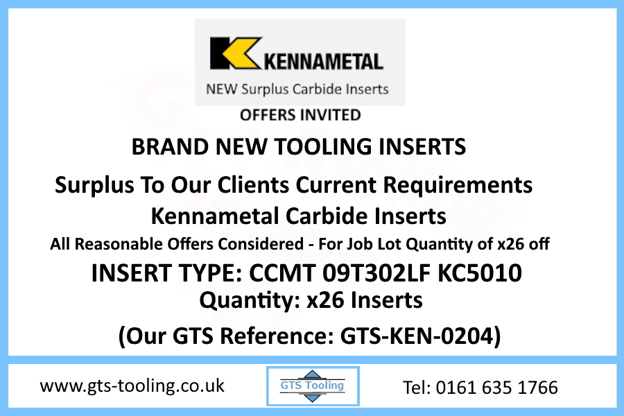 Kennametal Insert Type: CCMT 09T302LF KC5010. Quantity available is 26 inserts. GTS Tooling Reference is: GTS-KEN-0204. Offer invited for job lot quantity of 26 inserts