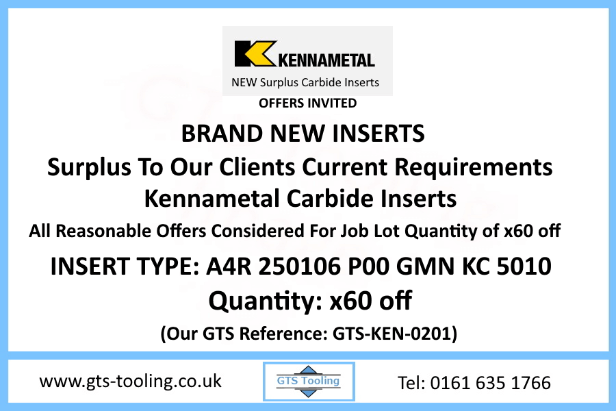 Kennametal carbide inserts. Type: A4R 250106 P00 GMN KC 5010. The quantity available is 60 x inserts being offered as a job lot for the 60 inserts. Submit your reasonable offer to GTS Tooling & Equipment in Chadderton near Oldham.  