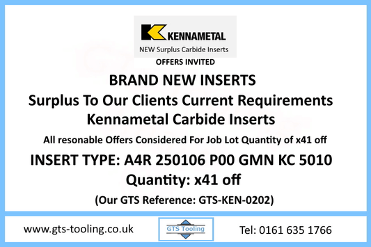 Kennametal Inserts, Type: A4R 250106 P00 GMN KC 5010 (NEW Surplus Stock Quantity x41 OFFERS INVITED)