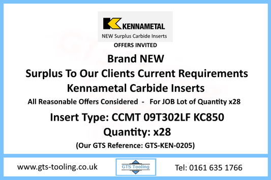 Kennametal Insert Type CCMT 09T302LF KC850, Quantity of inserts available 28. Offers Invited for the job lot. GTS Tooling & Equipment. 