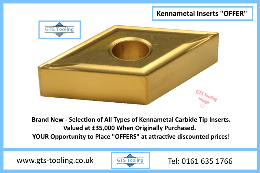 GTS Diamond Shaped, Kennametal Carbide Tip Insert, Showing the GTS Tooling Online Store Logo, along with an ex-surplus new ex-stock buying opportunity for interested engineering companies. This offer was placed on the GTS store website on the 1st March 2024.