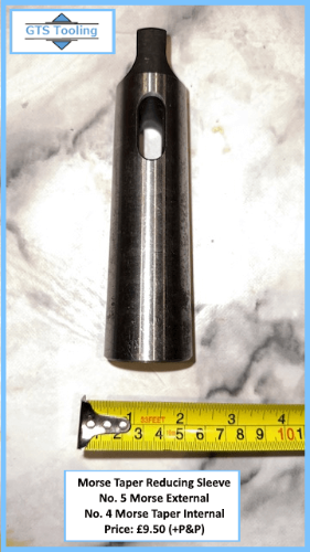 photo of a reducing morse taper drilling sleeve, 5MT to 4MT showing the full diameter of the external 5 morse with a tape measure in the GTS Tooling photo.