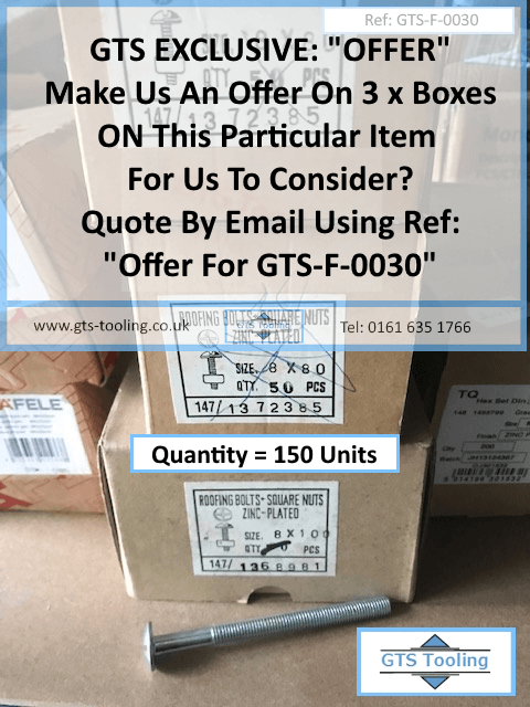 Image showing an exclusive offer to email a bid to buy the whole three boxes of of M8x8pmm Roofing Coach Bolts, including M8 square Nut.