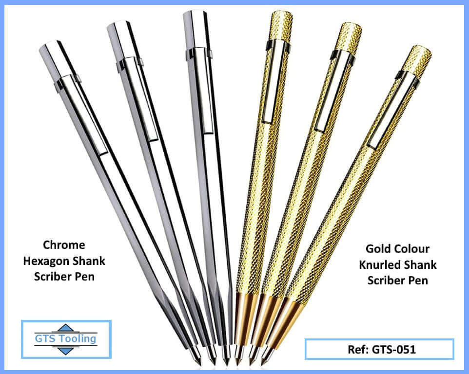 picture showing 2x types of pen scriber from GTS Tooling. Adjustable scribing pen for marking out of various hard materials. Image shows six scribers on show.