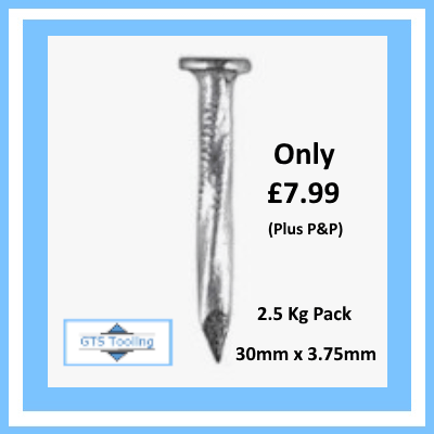 Image of single square twisted galvanized nail with round head for fixing joist plates and similar sections. Priced at £7.99 for a pack of 2.5Kg from GTS Tooling.