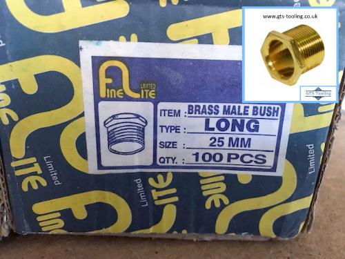 FineLite Male Brass Bush, Type Long, Size 25mm. Box of 100x Brass Bushes