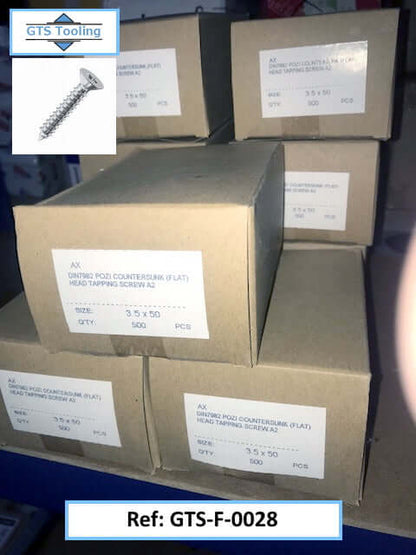 3.5x50mm (AX), Self Tappers, Flat Head Screws, Counter Sunk,  (A2) DIN7982  (Ref: GTS-F-0028)