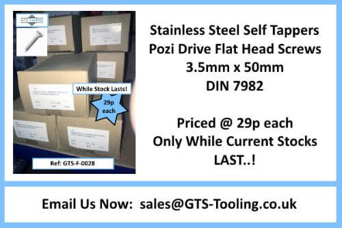 Stainless steel self tapping screws 3.5mm x 50mm, pozi drive, flat head, countersunk, A2, Sale Price Only £0.29 each