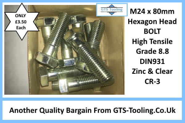 Selection of M24 Hexagon Head Bolts in a box. The length of the high tensile bolts is 80mm long. Great value at only £3.50 each while current stocks last at GTS-Tooling.co.uk