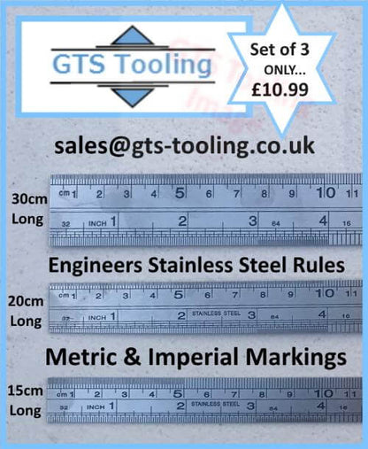 Engineers Rules in Stainless Steel, Pack of Three, 30cm, 20cm and 15cm, (Our Ref: GTS-021)