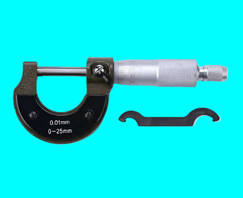 0 to 25mm, Metric micrometer on a blue background, showing its applicable adjustment key.