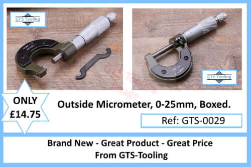 0-25mm outside micrometer, boxed brand new at only £14.95 from GTS-Tooling & Engineering Equipment. GTS Tooling are offering FREE delivery within the UK on this item. Priced at £14.75 delivered.